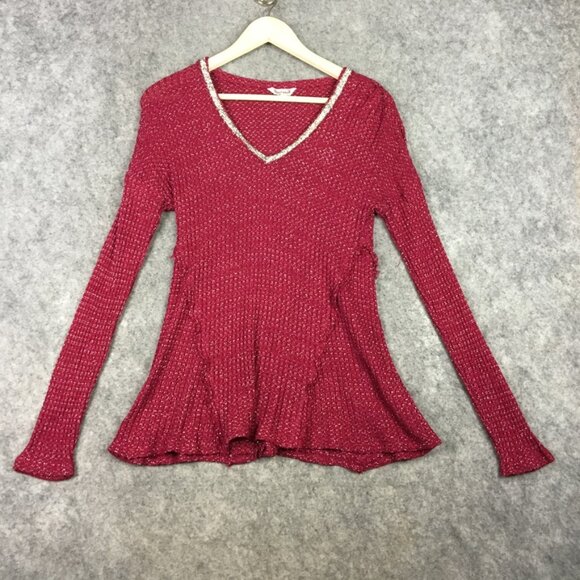 Juicy Couture Top M Long Sleeve Swing Waffle Knit Embellished Bling Raw Edge Red - Picture 1 of 12